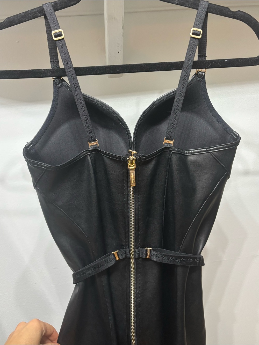 Honey Birdette Black Faux Leather Midi Dress with Gold Zipper - Picture 5 of 8